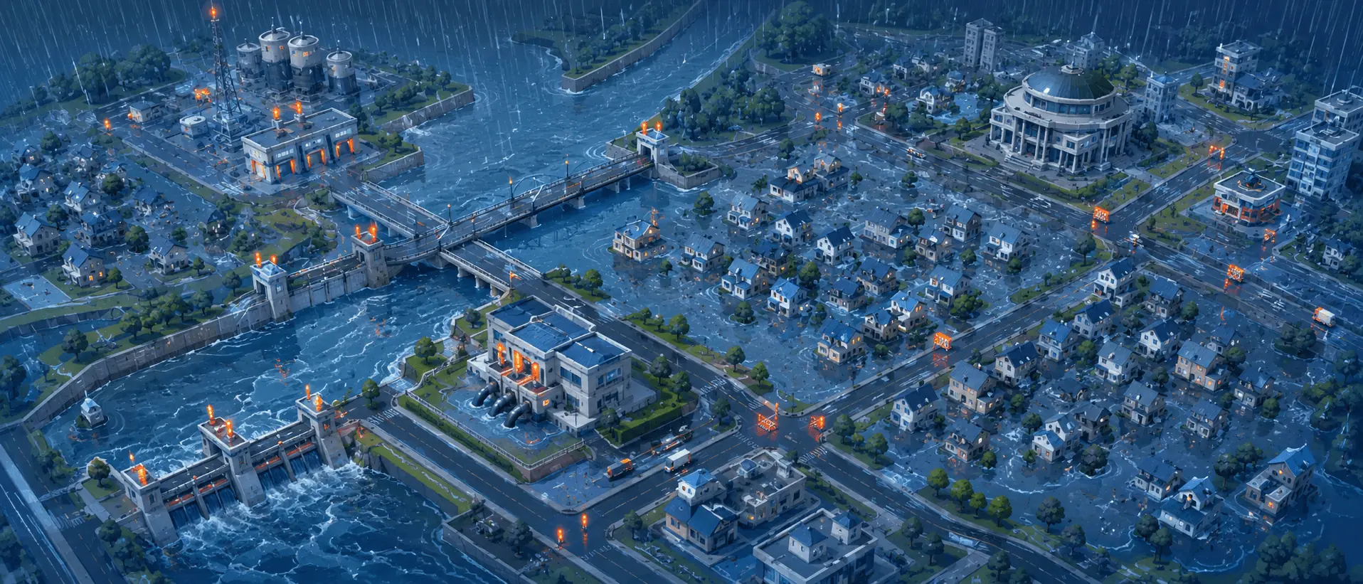 大雨覆蓋城市道路與建築的防災決策場景